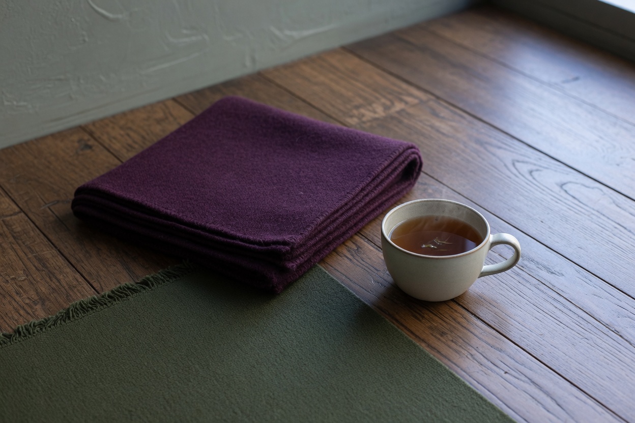 Tasse, gefaltete Decke und der Rand einer Matte auf Holzboden.